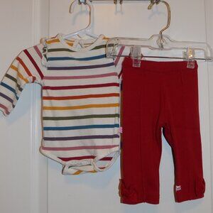 RUFFLE BUTTS 6-12M Cream Multi-color Striped Bodysuit Red Bow Leggings 2pc Set